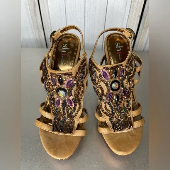 Women's Shi by Journey Wood Wedge Heels Beaded Sequin Top Sandals Size 8 - Picture 2 of 7